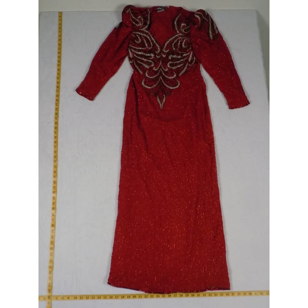 Vintage Hazur Sequin Beaded Size 12 Red‎ Silk Dress 80s 90s India